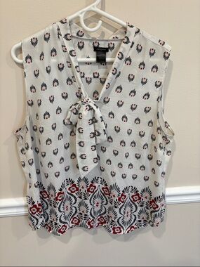 Ann Taylor White Sleeveless Tie-Neck Blouse with Black & Red Floral Border